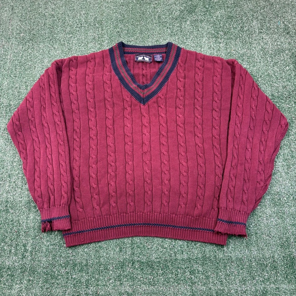 Vintage Woods & Gray Cable Knit Sweater Maroon V-Neck